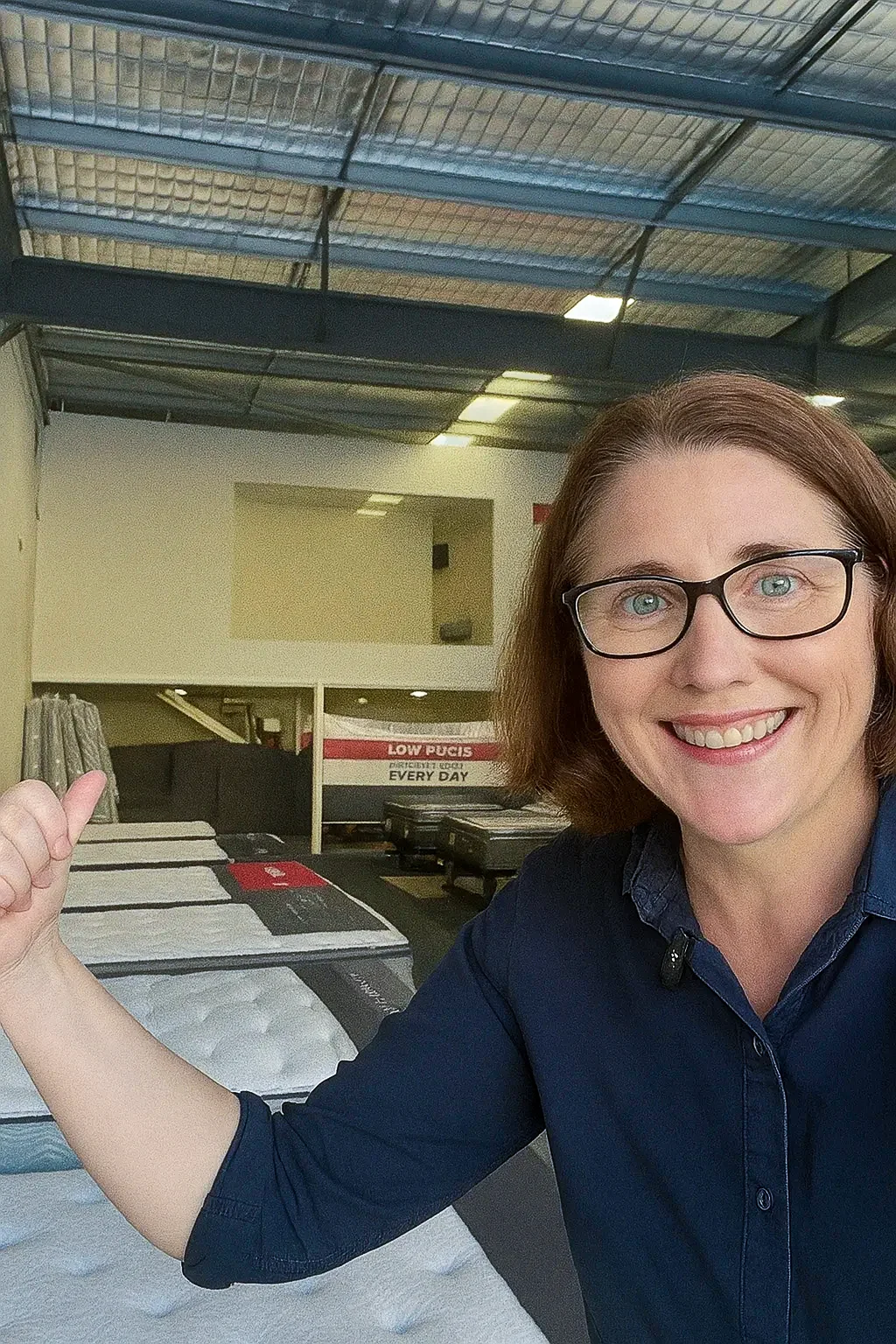 Alison, Certified Sleep Science Coach and owner of The Mattress Outlet Townsville, in the Townsville showroom giving a thumbs up beside the mattress range